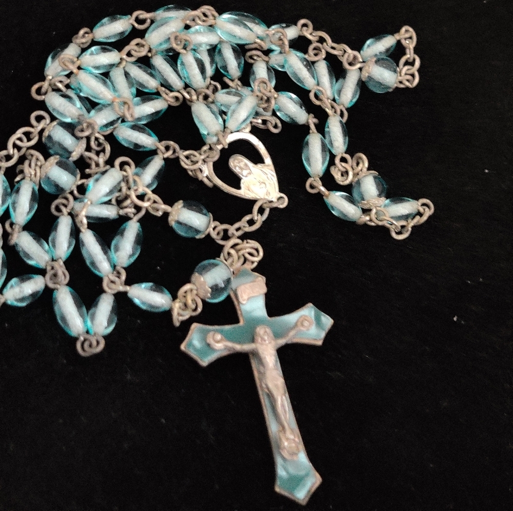 Vintage Blue Glass Rosary Enamel Crucifix INRI